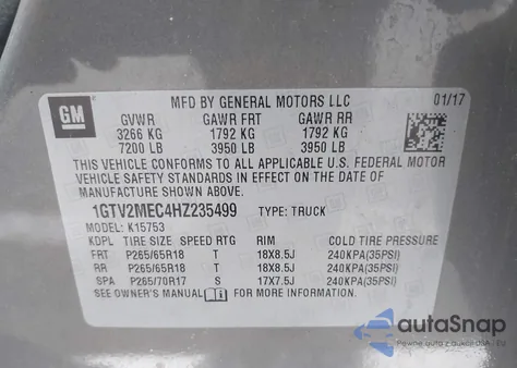 2017 GMC Sierra 1500 Sle z USA, uszkodzony, nr VIN 1GTV2MEC4HZ235499